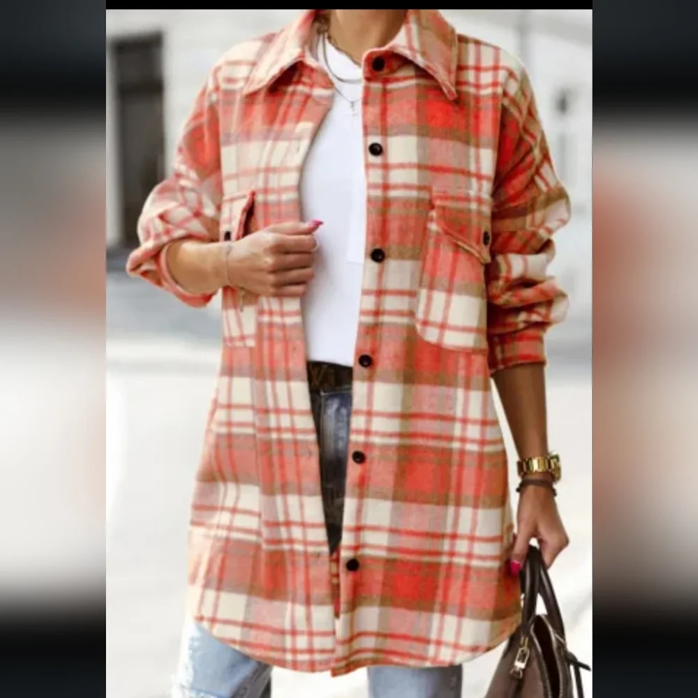 🔥New long Red plaid shacket - Picture 3 of 11